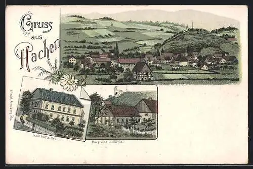 Lithographie Hachen, Gasthof zur Post, Burgruine und Mühle, Ortsansicht