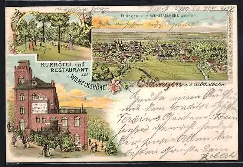 Lithographie Ettlingen, Kurhotel und Restaurant zur Wilhelmshöhe, Ortsansicht