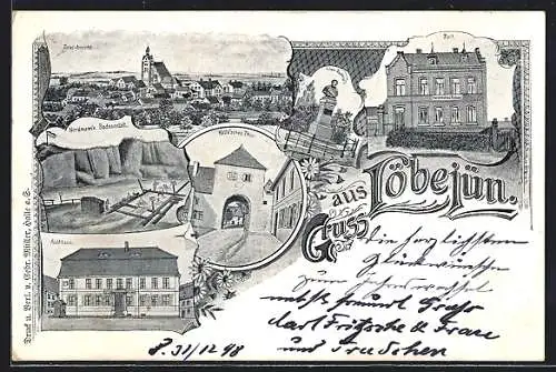 Lithographie Löbejün, Totalansicht, Nordmanns Badeanstalt, Hallesches Tor