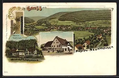 Lithographie Hopfau-Neunthausen, Gasthaus zur Sonne, Rittergut, Panorama