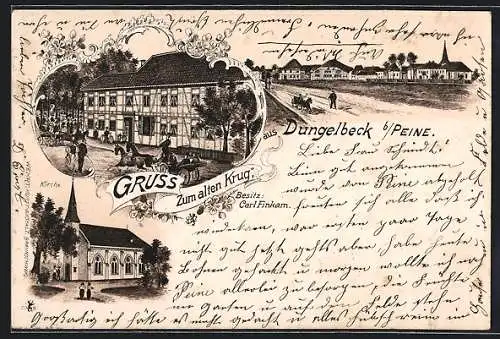 Lithographie Dungelbeck bei Peine, Gasthaus zum alten Krug, Kirche