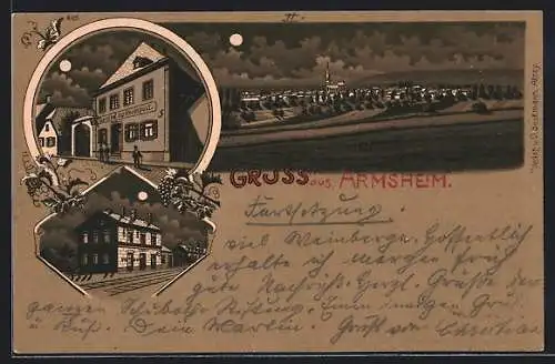 Lithographie Armsheim, Gasthaus zur Reichspost, Bahnhof