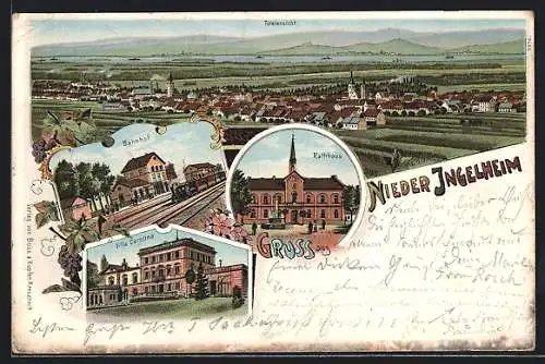 Lithographie Nieder Ingelheim, Bahnhof, Villa Carolina, Rathaus, Panorama