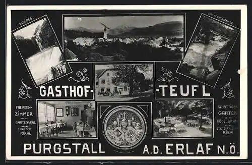 AK Purgstall a. d. Erlaf, Gasthof Teufl mit Garten und Kegelbahn, Schloss
