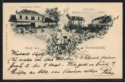 AK Breitenfurt, Franz Stelzers Gasthof, Pfarrhof, Kirchenplatz und Schule