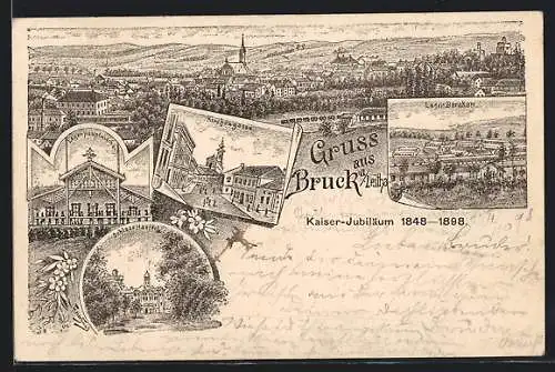 Lithographie Bruck a. Leitha, Totalansicht, Kirchengasse, Schloss Harrach