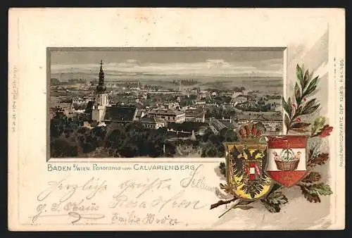 Künstler-AK Baden b. Wien, Panorama vom Calvarienberg, Stadtwappen