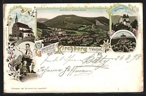 Lithographie Kirchberg a. Wechsel, Aussichtswarte a. d. Wolfenkogel, St. Corona, Schloss Wartenstein