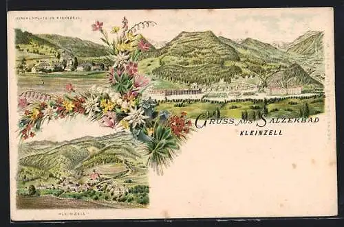 Lithographie Salzerbad /Kleinzell, Blick auf das Kurgelande, Kirchenplatz