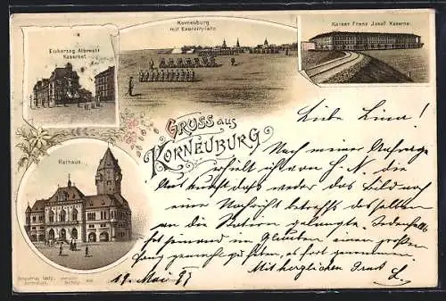 Lithographie Korneuburg, Erzherzog Albrecht Kaserne, Soldaten auf dem Exerzirplatz, Kaiser Franz Josef Kaserne