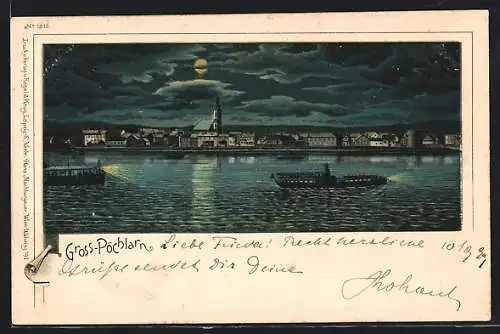 Mondschein-Lithographie Gross-Pöchlarn, Dampfer bei Nacht vor dem Ort