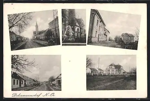 AK Dobermannsdorf, Strassenpartie mit Kirche, Gedenkstein