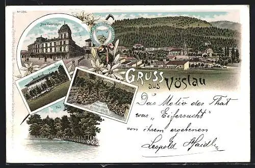 Lithographie Vöslau, Ortsansicht mit Kirche, Hotel Zwierschütz, Kurhaus, Ursprung, Bad