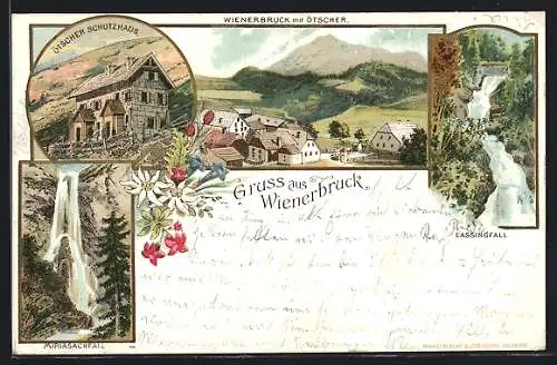 Lithographie Wienerbruck, Ötscher-Schutzhaus, Ortsansicht mit Ötscher, Wasserfall Lassingfall