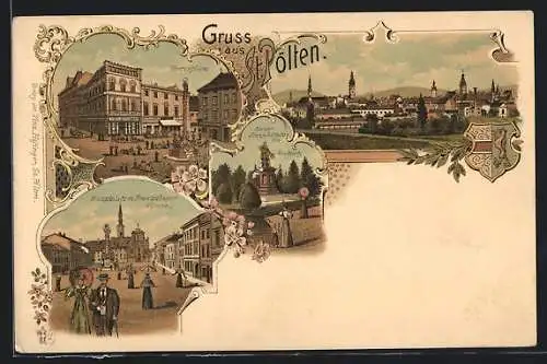 Lithographie St. Pölten, Panorama, Herrenplatz & Hauptplatz mit Franziskaner Kirche