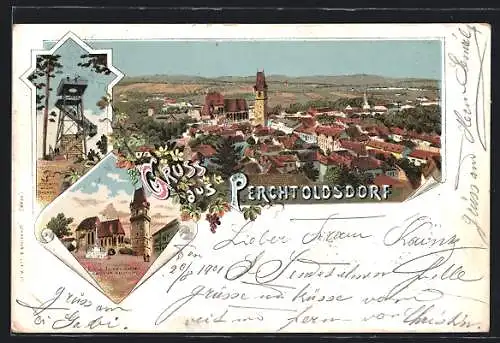 Lithographie Perchtoldsdorf, Josefswarte, Kirche, Turm und Mariensäule am Marktplatz