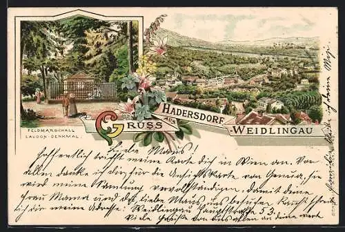 Lithographie Hadersdorf-Weidlingau, Feldmarschall Laudon-Denkmal, Ortsansicht aus der Vogelschau