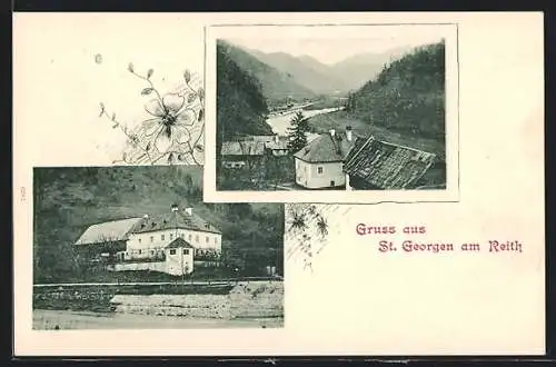 AK St. Georgen am Reith, Gebäudeansicht, Teilansicht mit Fluss