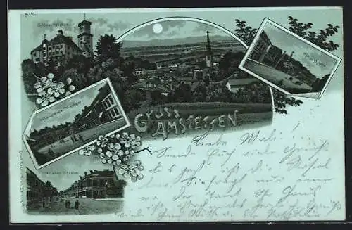 Lithographie Amstetten, Schloss Wallse, Hauptplatz, Wiener Strasse
