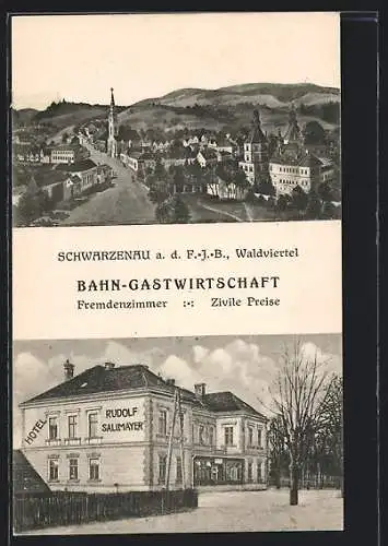 AK Schwarzenau a. d. F.-J.-B. /Waldviertel, Bahn-Gastwirtschaft Rudolf Sallmayer, Ortsansicht