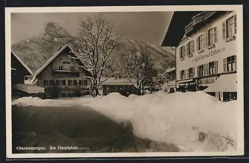 AK Oberammergau, Hotel Haus Guido Lang am Hauptplazt im Schnee