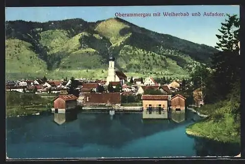 AK Oberammergau, Teilansicht mit Weiherbad und Aufacker