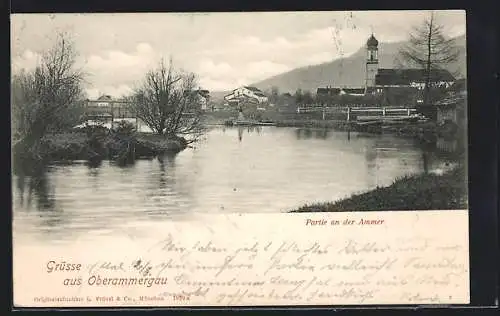 AK Oberammergau, Partie an der Ammer mit Kirche