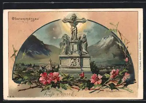 Lithographie Oberammergau, Teilansicht mit Jesuskreuz am Abend