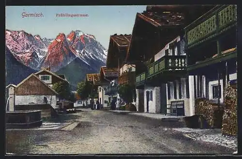 AK Garmisch, Frühlingsstrasse mit Brunnen