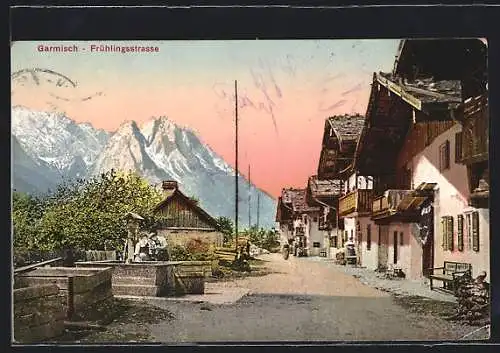 AK Garmisch, Frühlingsstrasse mit Brunnen