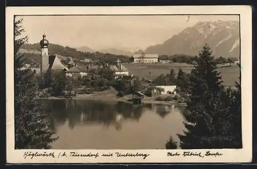 AK Höglwörth b. Teisendorf, Uferpartie mit Kirche und Unterberg