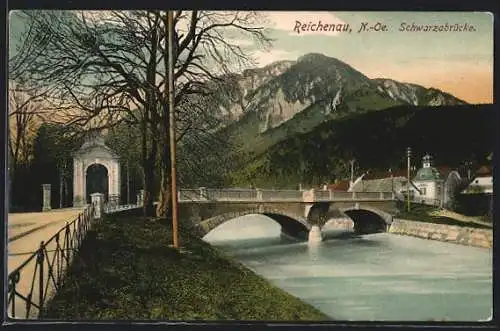 AK Reichenau, Schwarzabrücke mit Bergen