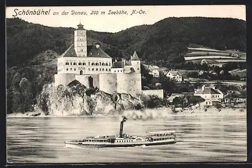 AK Schönbühel an der Donau, Ansicht mit Donau und Dampfer
