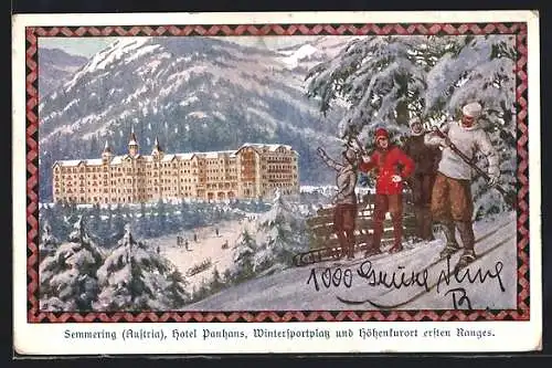 AK Semmering, Hotel Panhans und Skifahrer