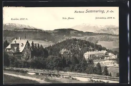 AK Semmering, Kurhaus mit Raxalpe und Villa Meran