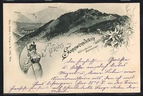 AK Sonnwendstein, Schneeberg, Raxalpe, Junge Frau in Tracht