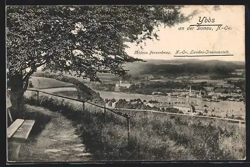 AK Ybbs an der Donau /N.-Oe., Gesamtansicht mit dem Schloss Persenbeug und der N.-Oe. Landes-Irrenanstalt