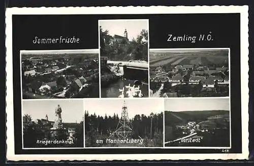 AK Zemling /N.-Ö., Kriegerdenkmal, Turm am Manhartsberg, Die Vorstadt