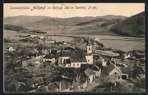 AK Alland im Gebirge, Ortsansicht mit zentraler Kirche aus der Vogelschau