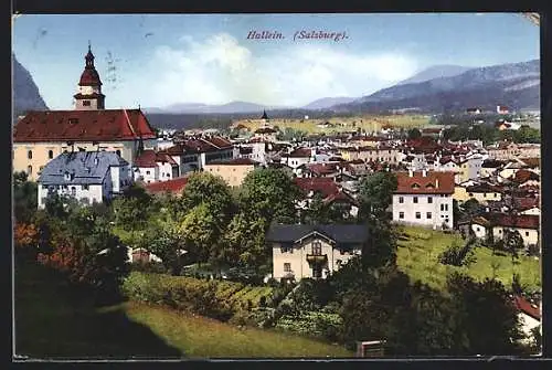 AK Hallein /Salzburg, Ortsansicht gegen die Berge