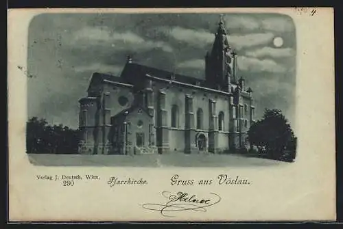 Mondschein-AK Vöslau, Partie an der Pfarrkirche