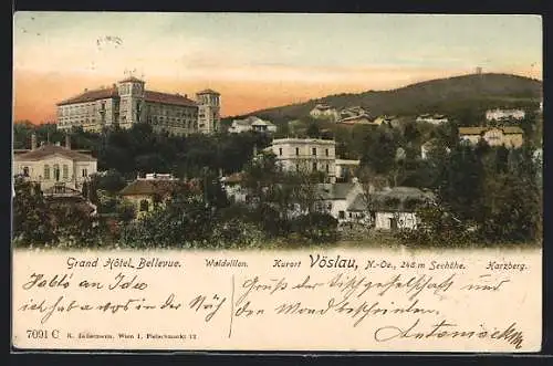 AK Vöslau /N.-Oe., Ortsansicht mit Waldvillen, dem Harzberg und dem Grand Hotel Bellevue