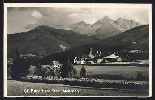AK St. Rupert am Kulm, Ortsansicht mit Kirche gegen die Berge