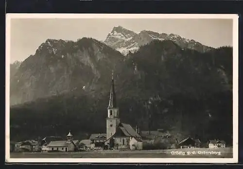AK Grödig, Ortsansicht gegen d. Untersberg