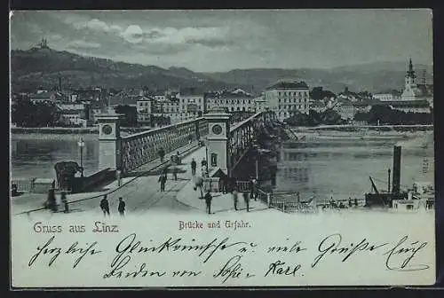 Mondschein-AK Linz, Brücke und Urfahr, Dampfer