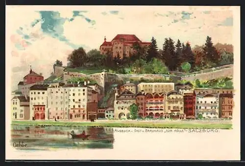 Lithographie Salzburg, Ausblick auf die Stadt v. Gast- und Brauhaus Zur Hölle