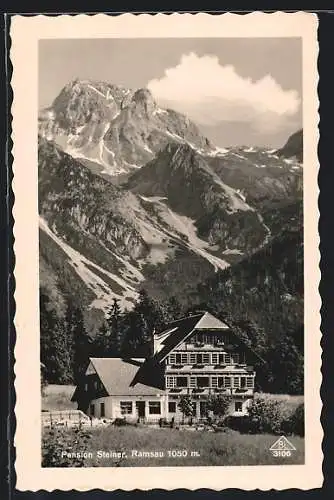 AK Ramsau am Dachstein, Hotel-Pension Steiner vor dem Gebirge