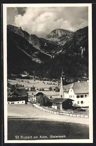AK St. Rupert am Kulm, Ortsansicht mit Kirche vor dem Gebirge