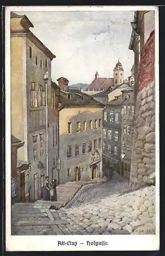 Künstler-AK Linz a. d. Donau, Strassenpartie der Hofgasse in der Altstadt