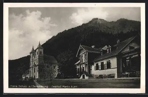 AK Maria Schutz am Semmering, Gasthof Martin Auer mit Kirche